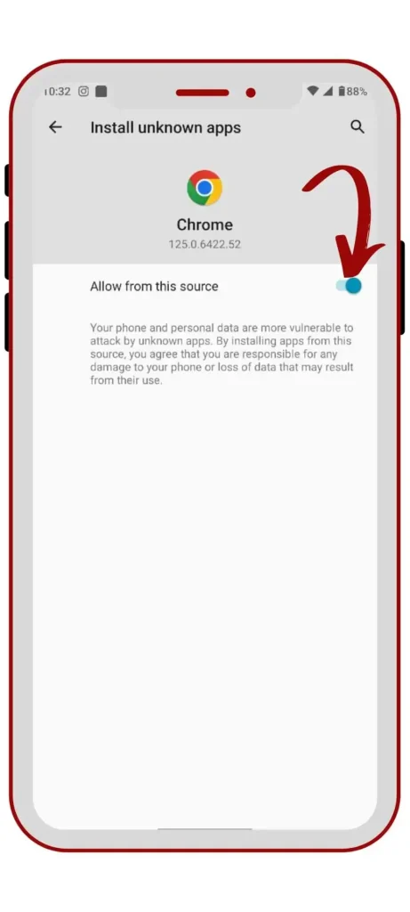 Agora, habilite o botão "Allow from source" para instalar o aplicativo.
