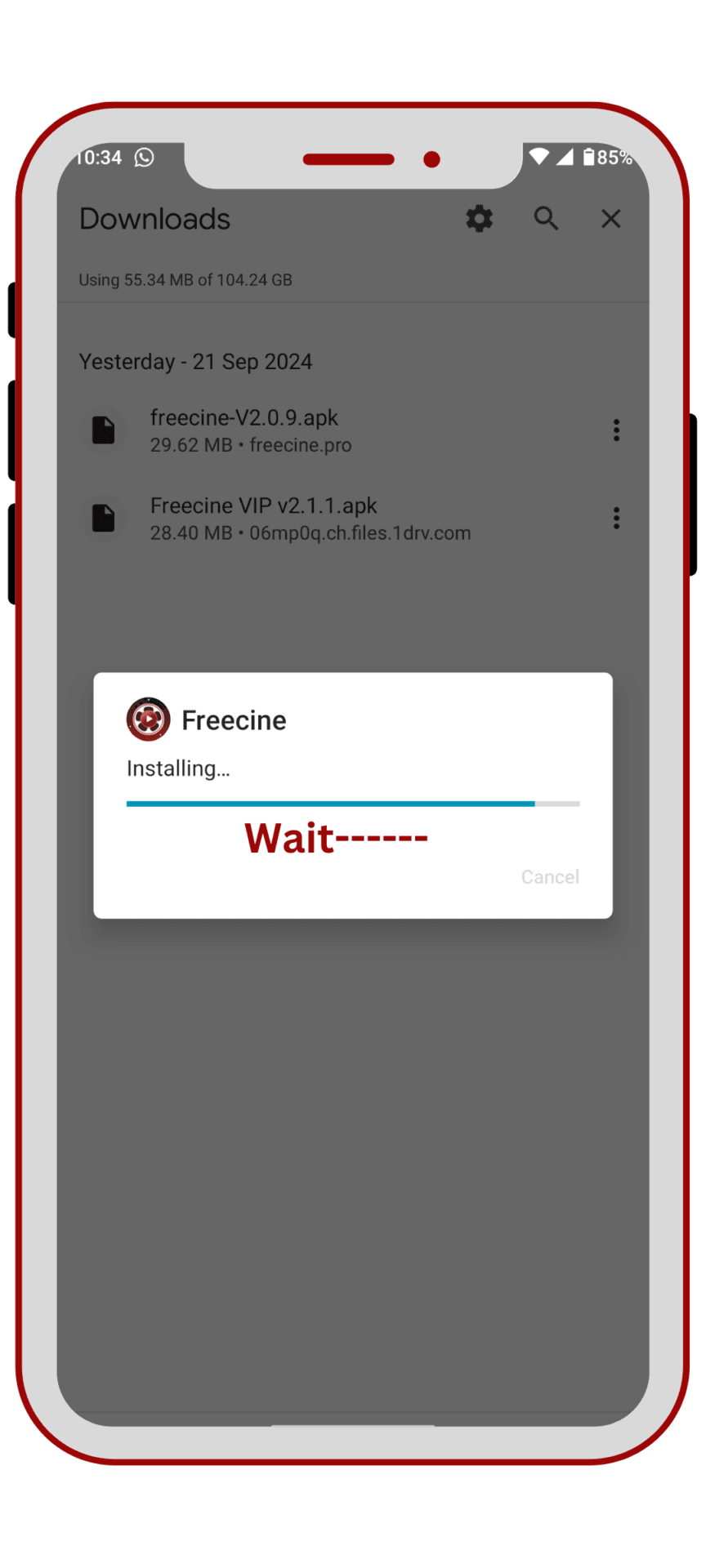 Aguarde a instalação do aplicativo Freecine APK